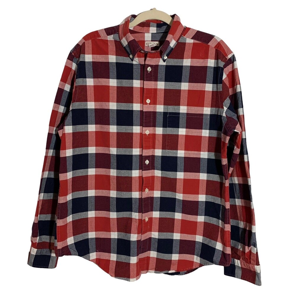 Merona Men's Size L Red & Navy Plaid 100% Cotton Long Sleeve Button Down Shirt
